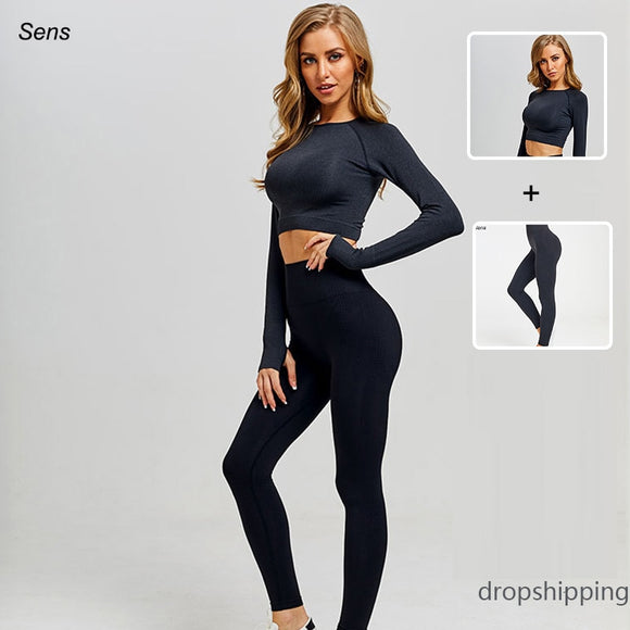 Multi Colors Long Sleeve Crop Top Leggings Yoga Set