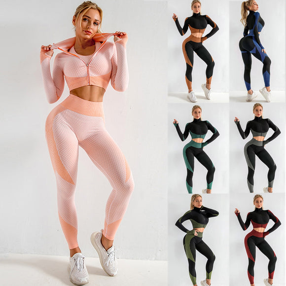 Two toned 3 Piece Sports Bra Top, Zipper Crop jacket Leggings Yoga Set