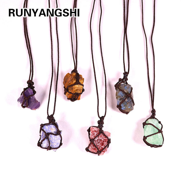 Natural Crystal Quartz Raw Net pocket pendant Crystal Necklace Healing Stone Reiki Hangings Craft With Weave Rope