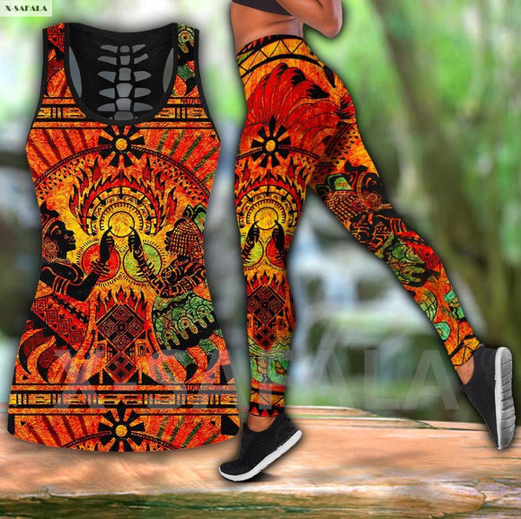 African Olodum 3D Printed Women Combo Two Piece Yoga Set Vest Hollow Out Tank Top High Waist Legging Summer Casual Sport