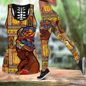 African Art Africa  African Woman Two Piece Yoga Set Women 3D Print Hollow Out Tank Top High Waist Legging Summer Casual Sport-5