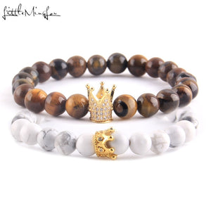 Luxury natural stone beads Couple Lovers bracelet Set CZ King Queen Crown Charm women yoga Bracelets Bangles for men jewelry