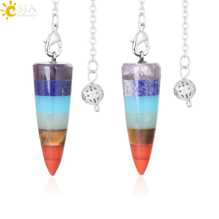 CSJA Natural Stone 7 Chakra Pendulum for Dowsing Circular Cone Metaphysical Spiritual Healing Amulet Wiccan Reiki Jewelry